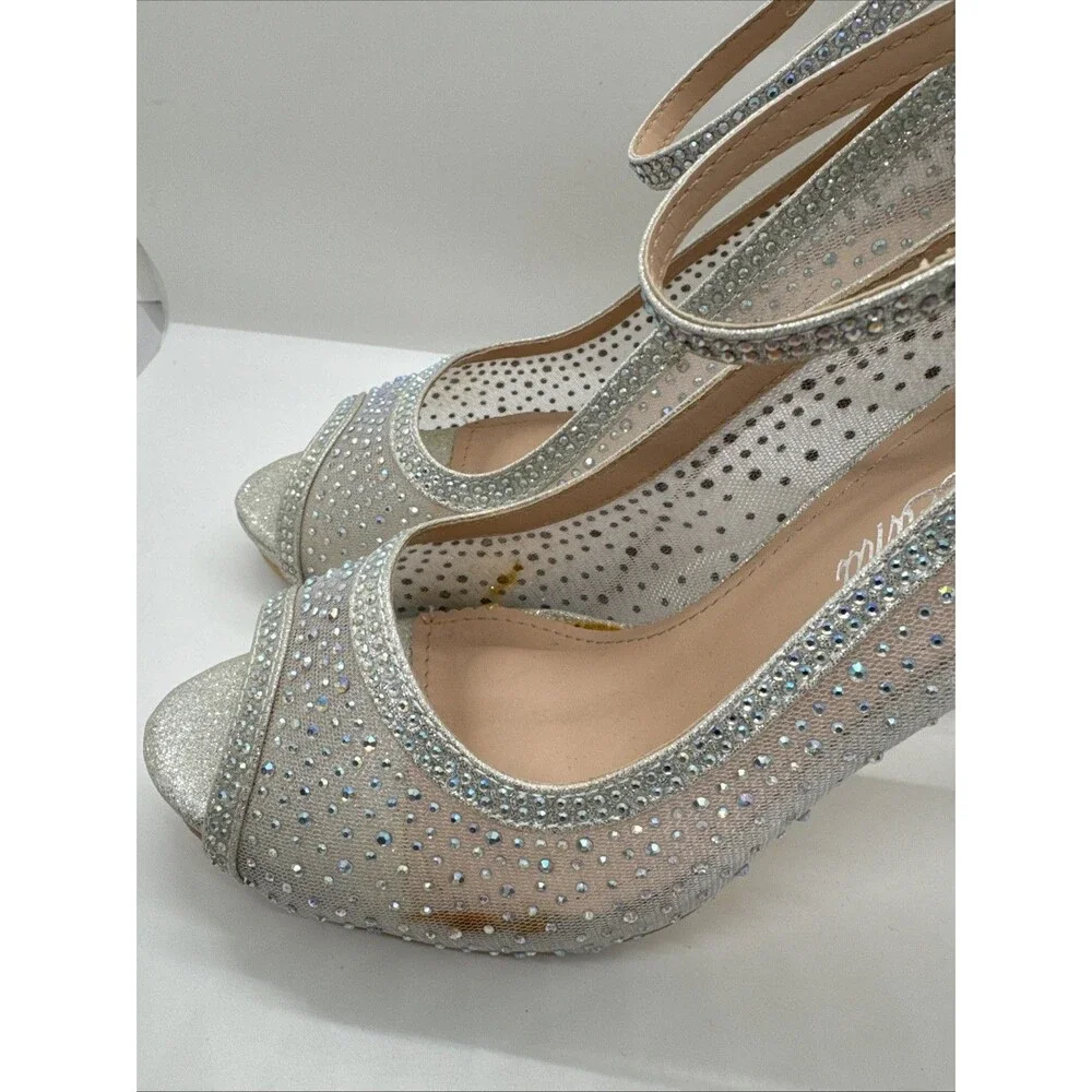 Bella Luna Silver Mesh Jeweled Heel Stiletto narrow Open Toe Shoes Size 7.5